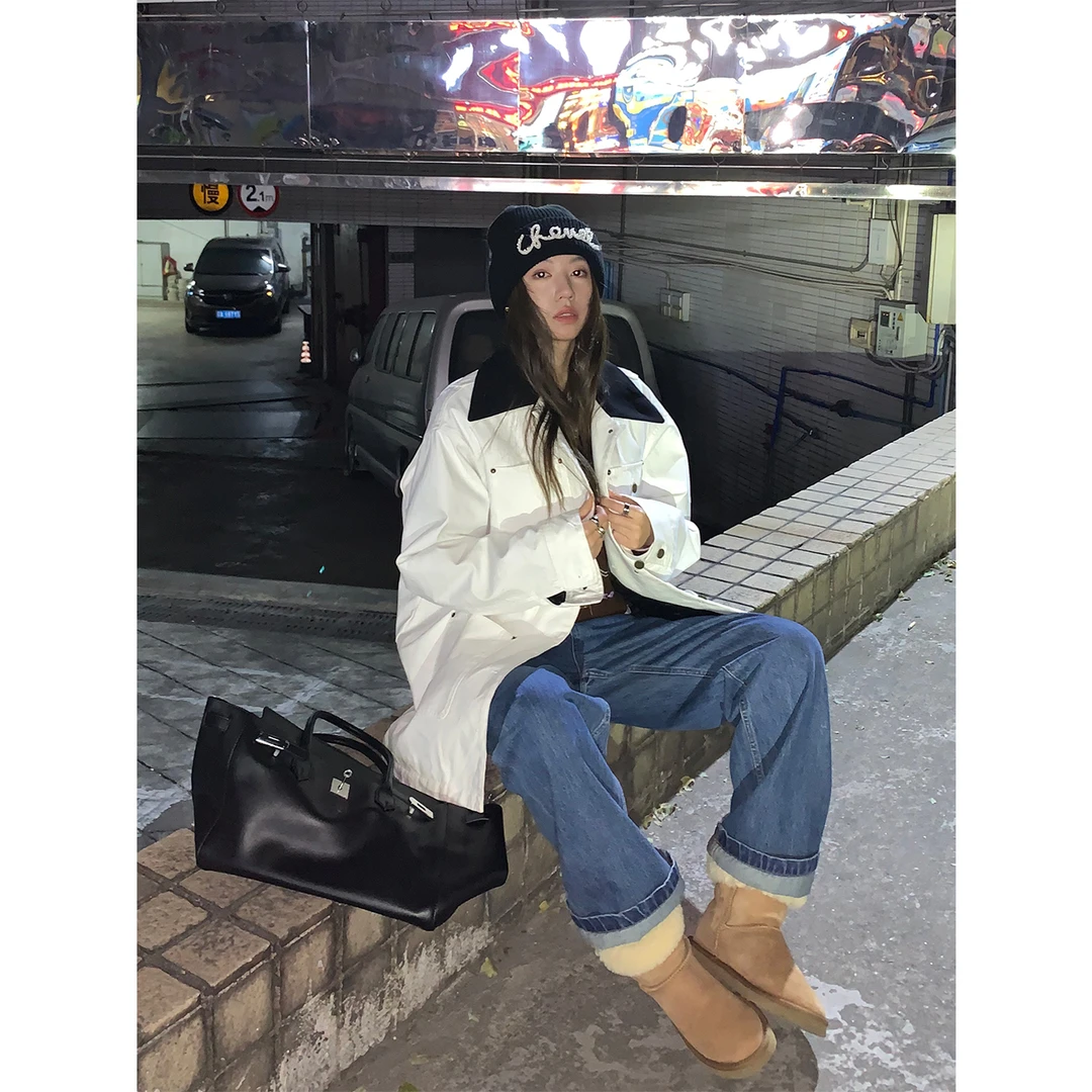 【纯净如雪】极简白色工装翻领高级宽松夹棉大衣W29418GK44