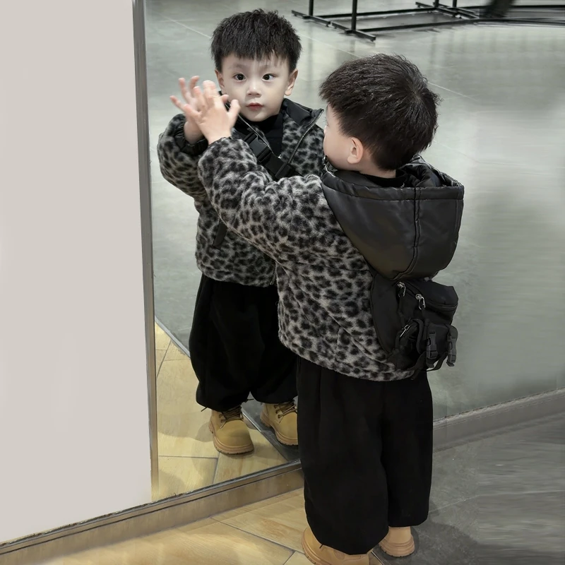 男童韩版外套冬季豹纹毛毛衣儿童秋冬装加厚夹克2025新款夹棉衣服
