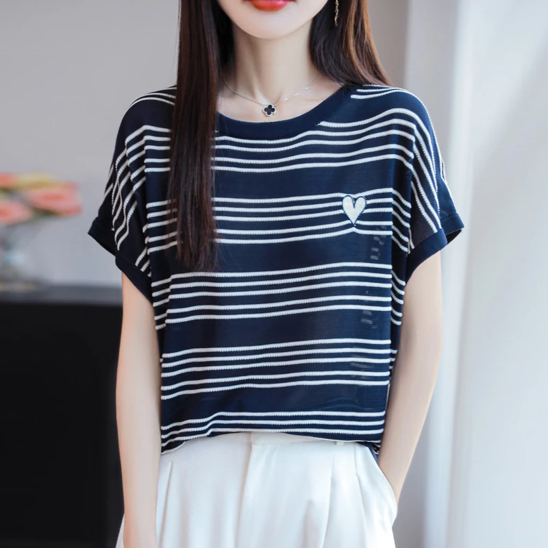 哥弟阿玛施正品夏季新款圆领针织衫女上衣薄款飞飞袖条纹短袖T恤