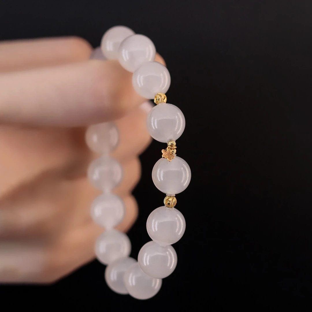 和田玉 白玉手串 配件18K金 青海老料高冰白玉