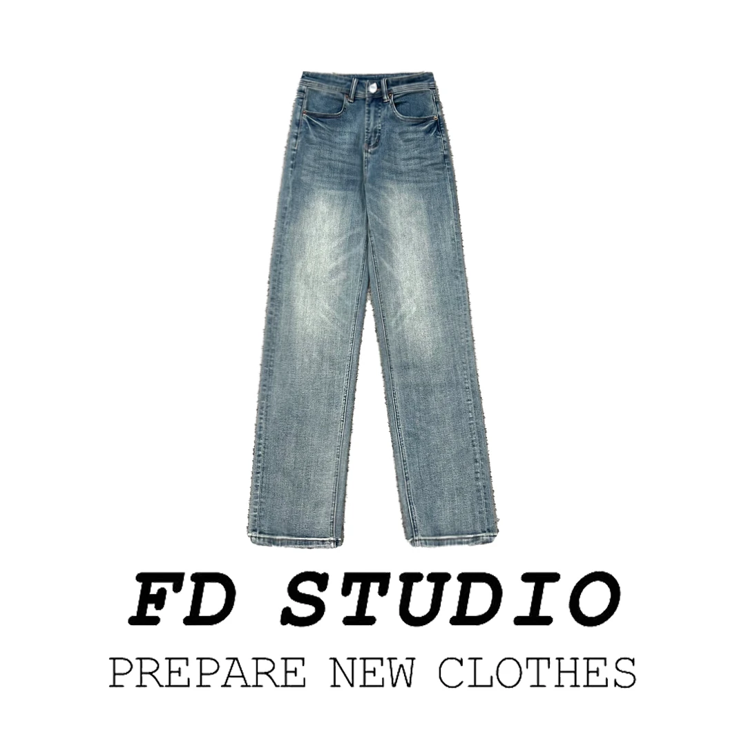 【梵町定制】FD5817高弹法棍牛仔裤直筒裤怀旧蓝高腰