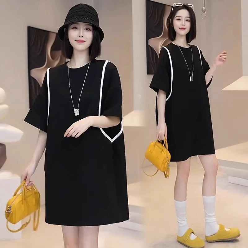 时尚休闲连衣裙女夏季新款洋气简约胖MM圆领短袖中长款遮肉显瘦