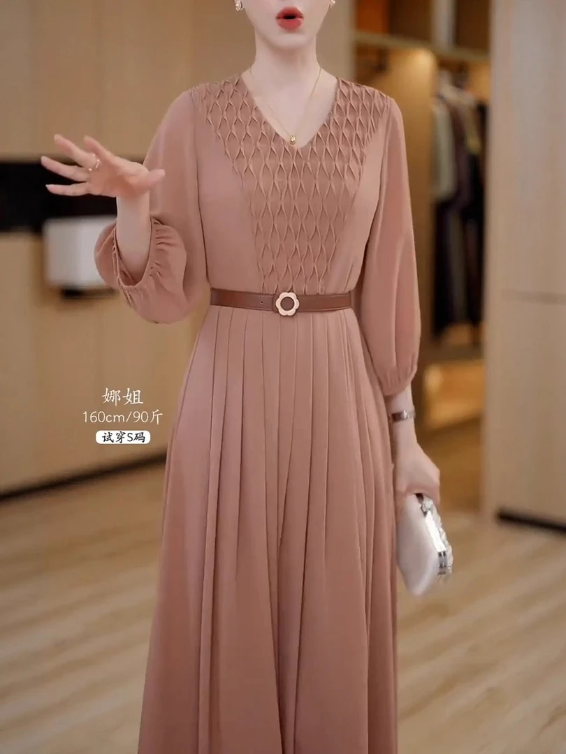 高端时尚轻奢高级感重工褶皱A字裙女收腰显瘦遮肉气质优雅连衣裙