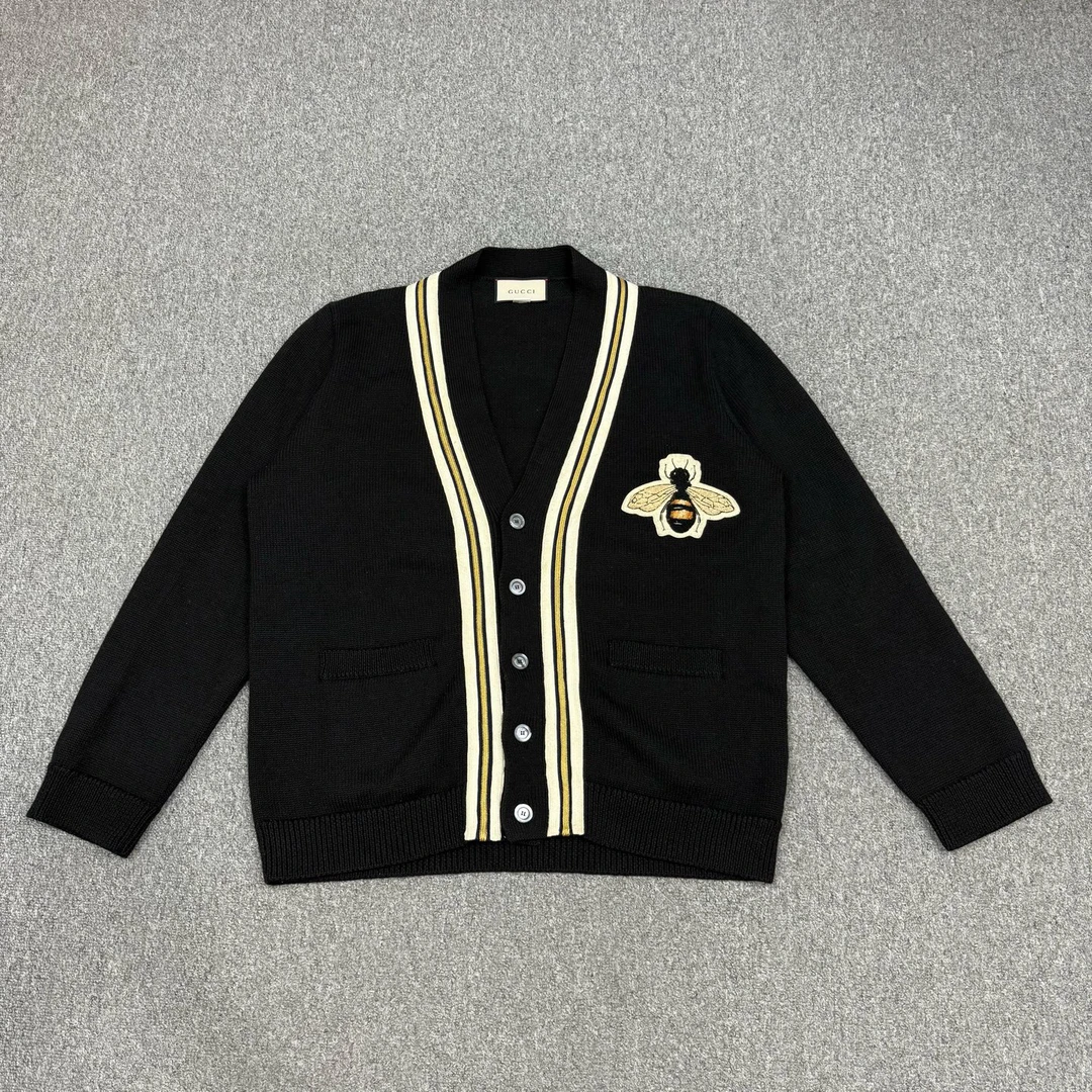 99新 GUCCI/古驰 16528769 黑色条纹蜜蜂刺绣羊毛长袖 XXXL码99新
