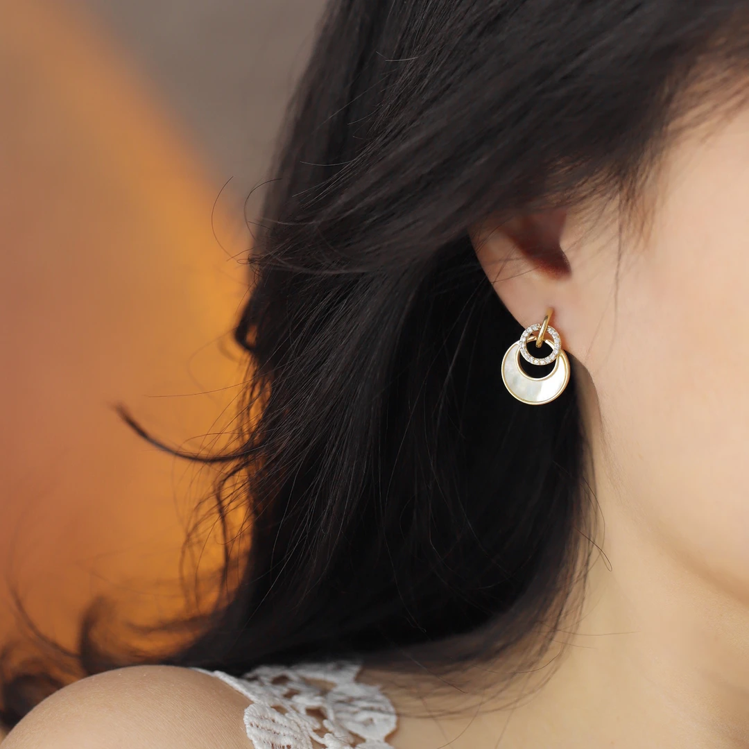 合金合成锆石耳饰 百搭设计感双圈耳环气质简约温柔耳钉小众轻奢