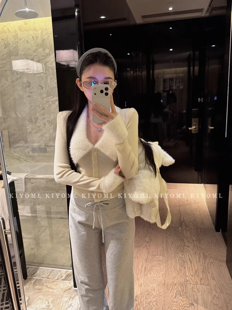 冬季新款韩版气质翻领仿貂毛辣妹纯欲风毛领针织开衫显瘦短款毛衣