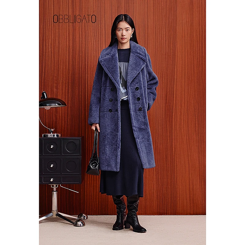 OBBLIGATO奥丽嘉朵冬季新款翻领绵羊毛中长款大衣外套1C65580180