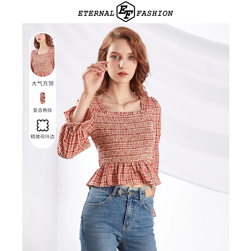 【昕昕严选】EF格子衬衫女春夏新款小众设计复古上衣2030413001