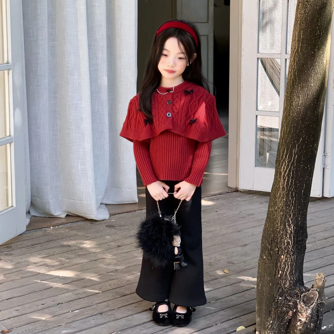 小思家2025冬季新款韩版洋气假两件加厚毛衣加厚微喇裤女童套装