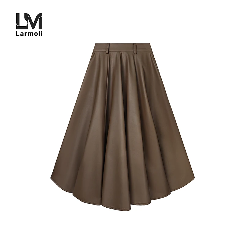 Larmoli2240新款中长款包臀裙长裙高腰百褶A字半身裙女咖色皮裙