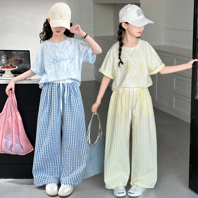 女童夏季T恤套装2025新款女大童洋气格子裤两件套儿童休闲短袖潮t