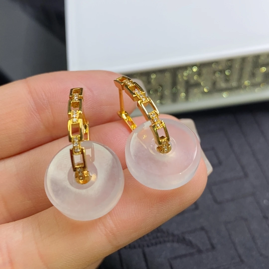 翡翠18K金镶嵌耳饰链条耳包➕高冰路路通