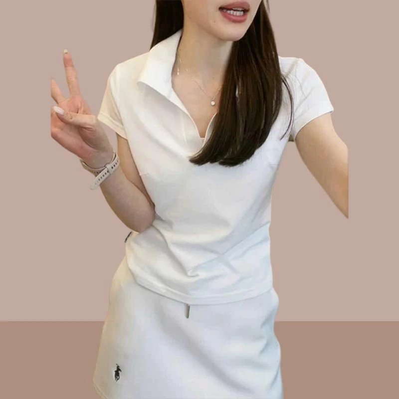 2025年夏季新款时髦ins风T恤翻领纯色短袖通勤极简风上衣韩系宽松
