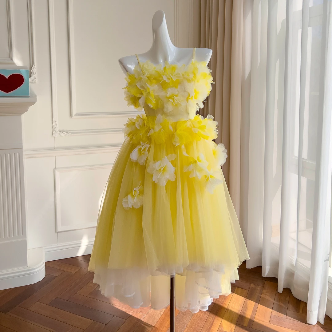 仙气立体花朵礼服晚礼服多层网纱抽褶不规则大裙摆吊带抹胸连衣裙