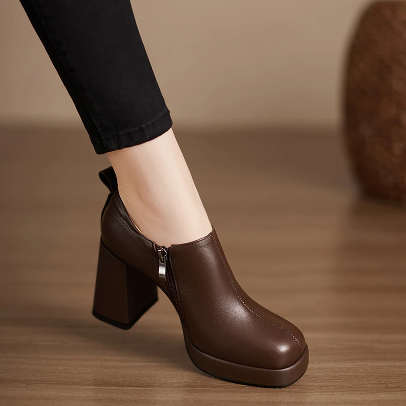 小个子手工女鞋9cm~方头粗跟厚底单鞋女不累脚真皮舒适百搭高跟鞋