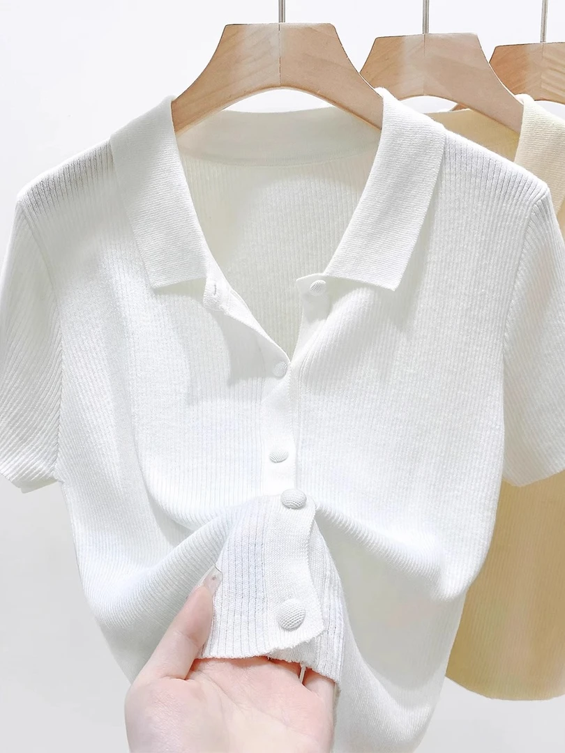 2025年新款女装宽松POLO领针织开衫夏季薄款翻领设计短袖T恤上衣