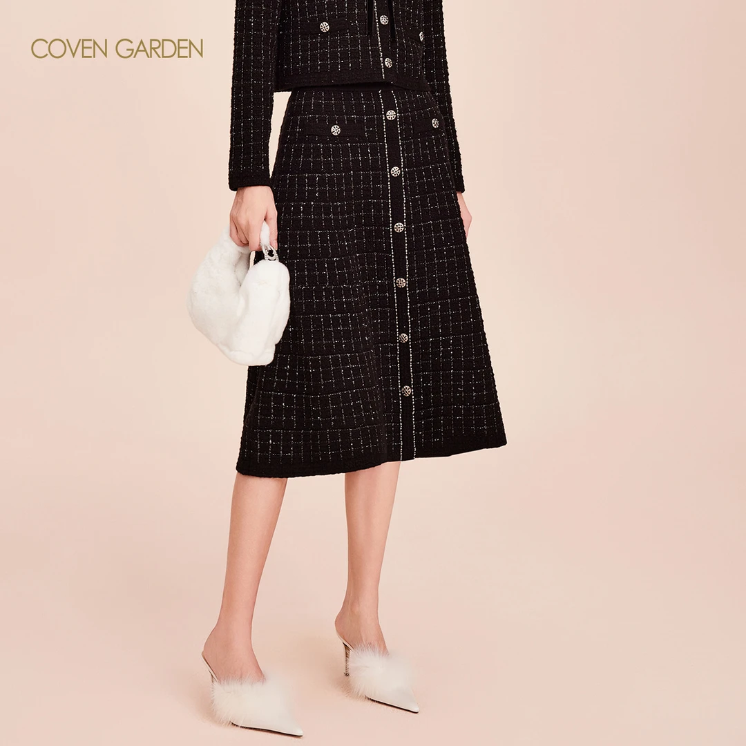 【陈大可专属】哥文花园银丝格纹镶钻点缀华丽保暖半身裙CLA4036790