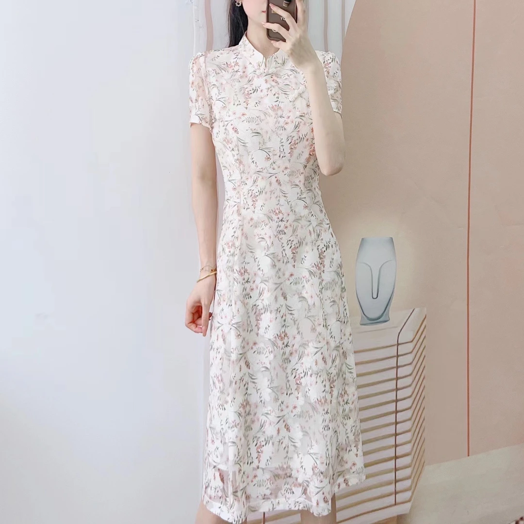 056清C2时尚气质淑女盘扣短袖旗袍连衣裙056