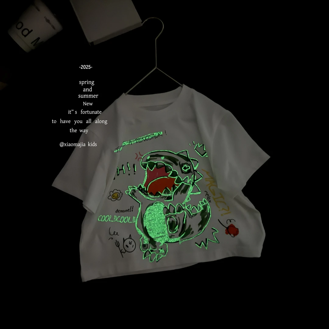 现货-【夜光恐龙】儿童夏季发光T恤X-5698穿搭休闲宽松男女童上衣