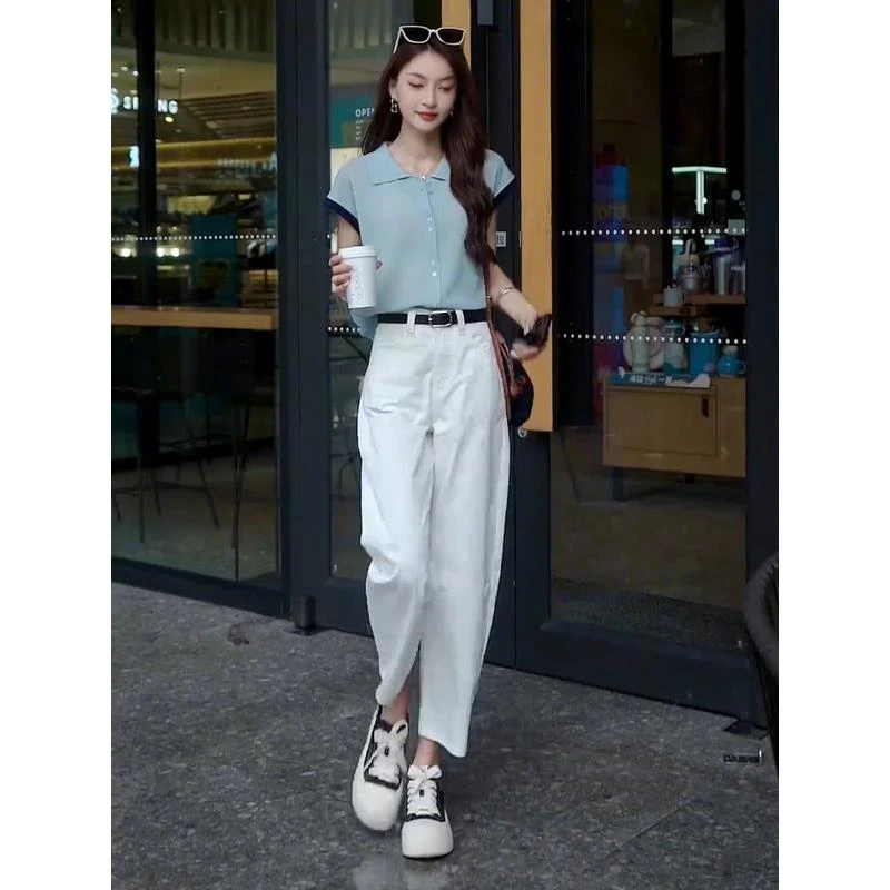 夏装搭配一整套时尚2025新款polo领短袖针织衫休闲牛仔裤小众女装