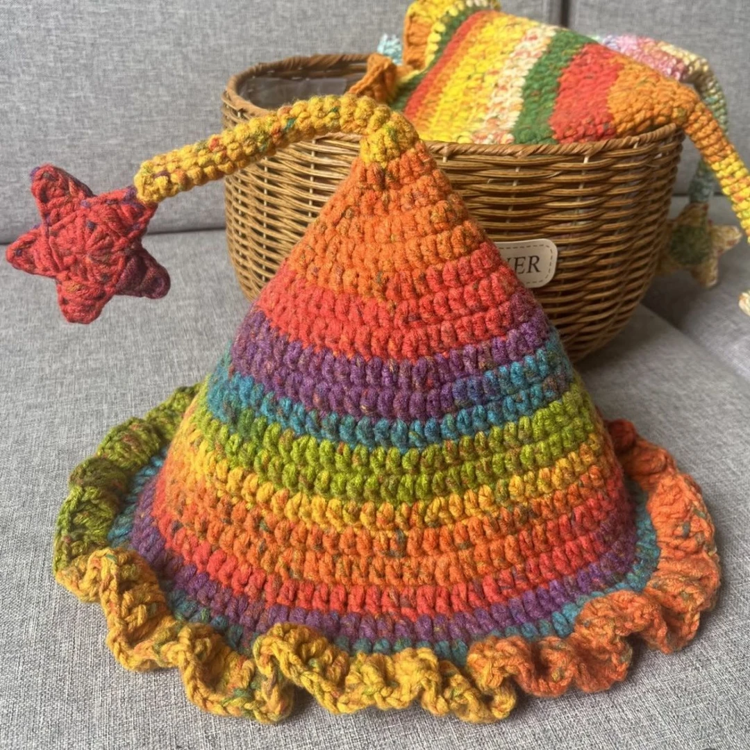 段染diy手工毛线钩针编织女巫精灵帽材料包秋冬儿童成人男女帽子