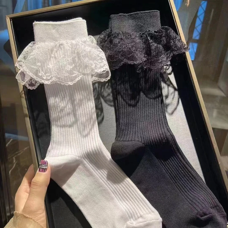2025新款女袜韩国老板娘同款蕾丝花边双针中筒袜欧货洋气网红潮袜