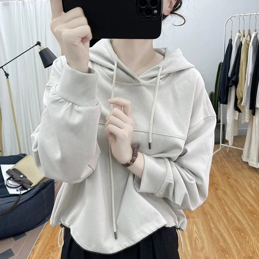 春秋女装时尚复古简约拼接抽绳宽松百搭休闲减龄棉质长袖连帽卫衣