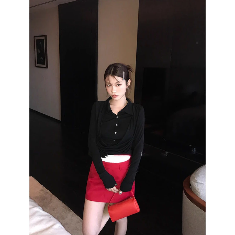 韩系秋款显瘦设计感假两件polo荡领弹力长袖T恤高腰修身显瘦a字裙