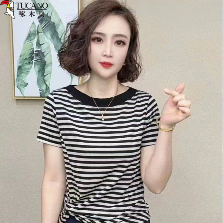显瘦女上衣粉黑扭结短袖镂空修身女款条纹T恤洋气时尚圆领短款