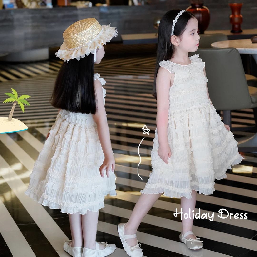 AnnieGirl夏季新款甜美气质荷叶领连衣裙女童重工裙子2025夏款