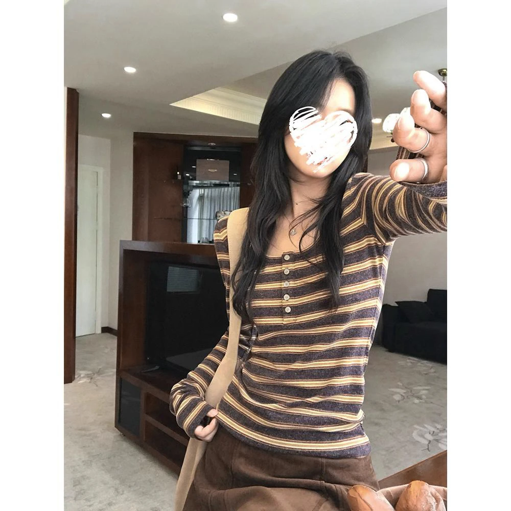 复古撞色条纹吊带长袖T恤女秋季时尚不规则收腰显瘦打底上衣8287