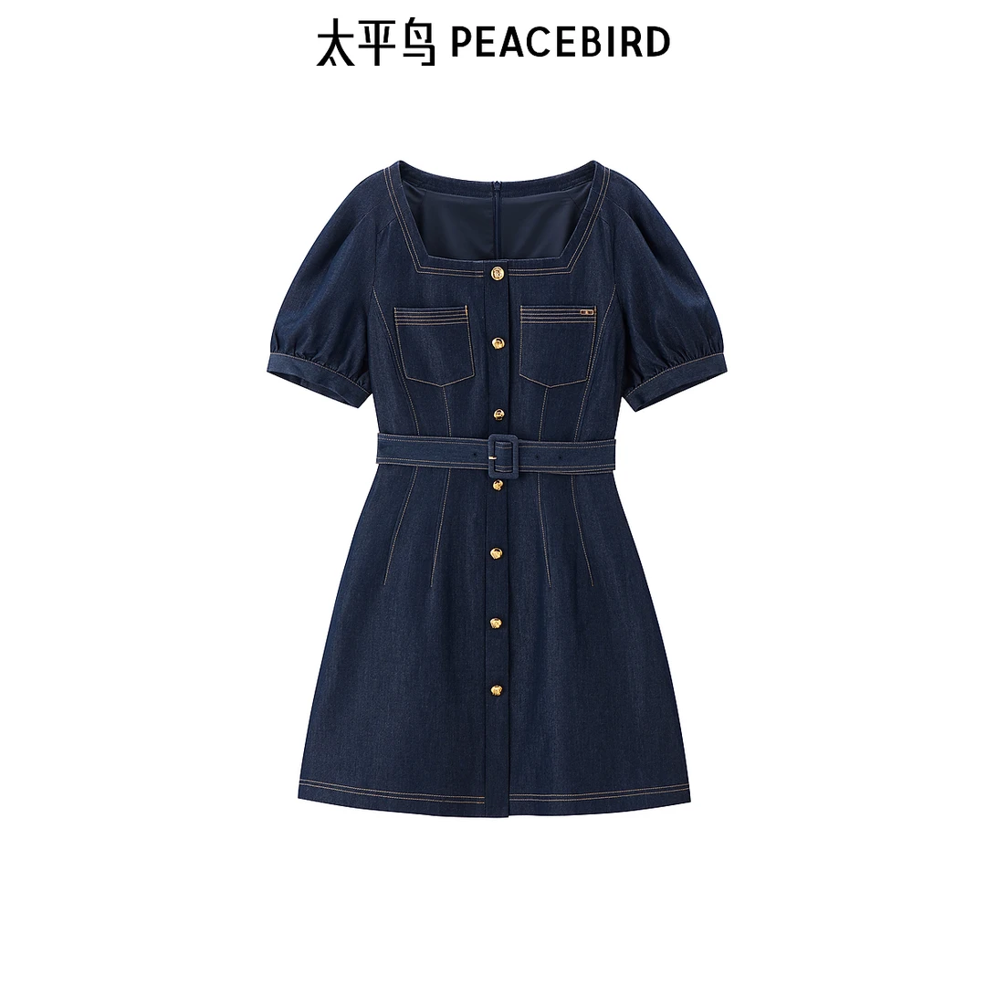 【商场同款】太平鸟方领牛仔收腰连衣裙短袖短裙法式A1FAE3804