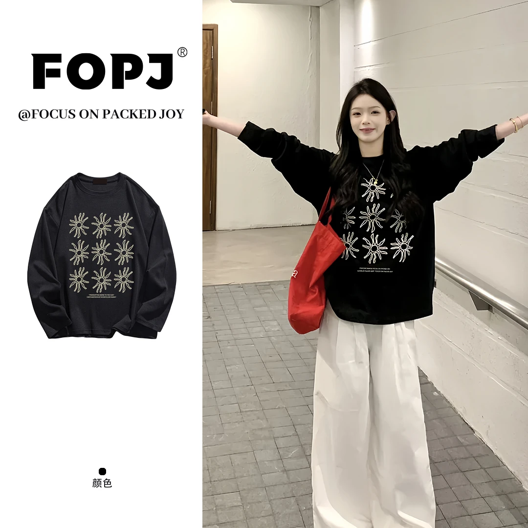 FOPJ韩系慵懒风黑色圆领长袖T恤女宽松显瘦休闲打底衫女内搭上衣