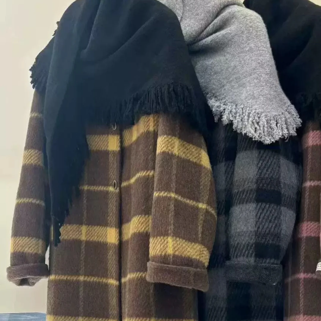 【YSLT官方店】加厚宽松中长款女士双面格子毛呢外套