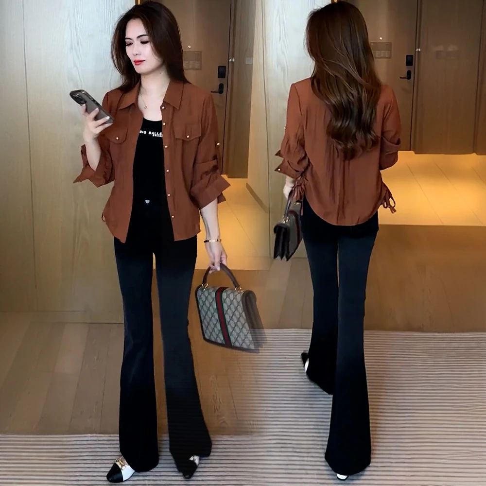 时尚长袖衬衫短外套女2025早秋新款宽松显瘦小个子百搭小衫衬衣潮