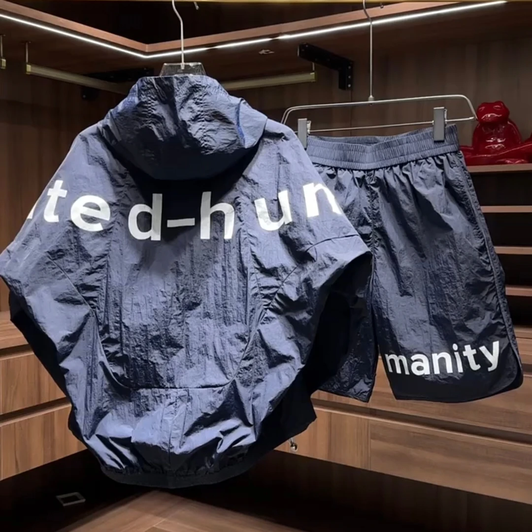 特大码300斤夏季休闲简约拉链外套短裤套装男街头潮流运动两件套2