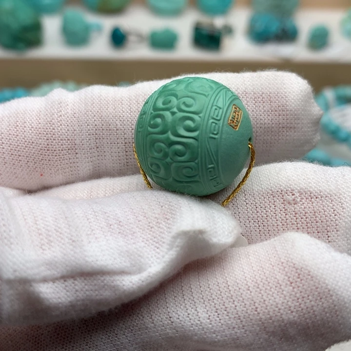 绿松石未镶嵌珠宝奇石高瓷绿精品回纹圆珠19.4mm