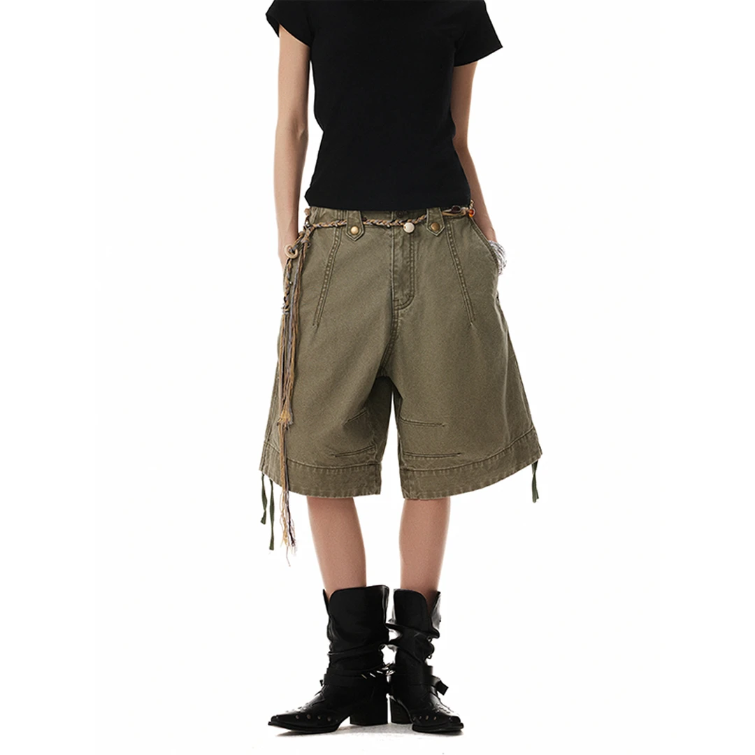 美式小众巴恩风压褶做旧五分裤夏季复古街头潮流百搭宽松阔腿短裤