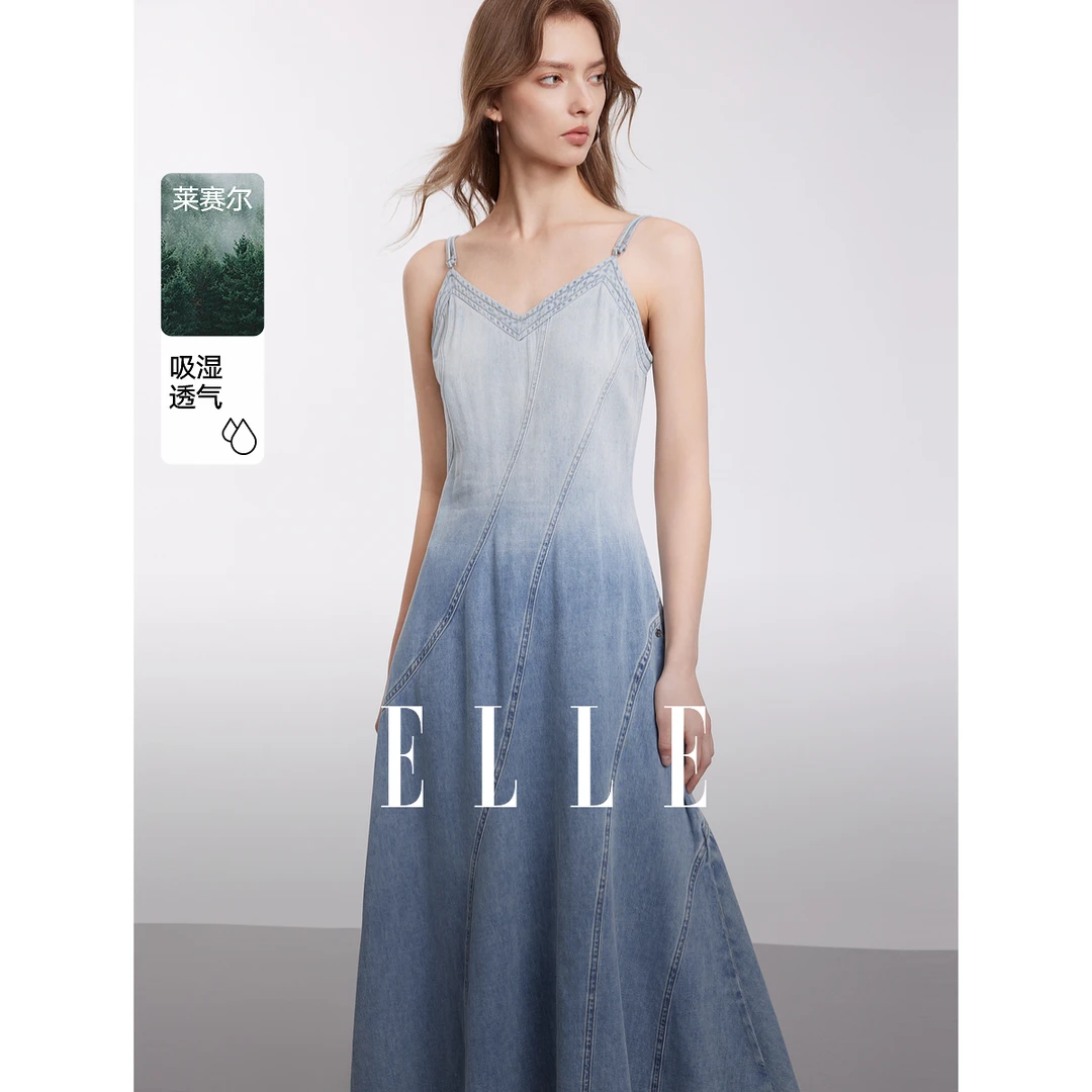 【黄蓉推荐】ELLE25春新款摩登渐变牛仔吊带连衣裙女长裙EL50582