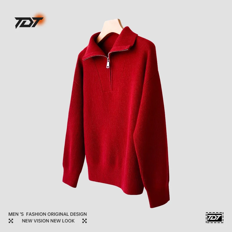 2024冬季新品新年红翻领半拉链羊毛针织衫宽松毛衣