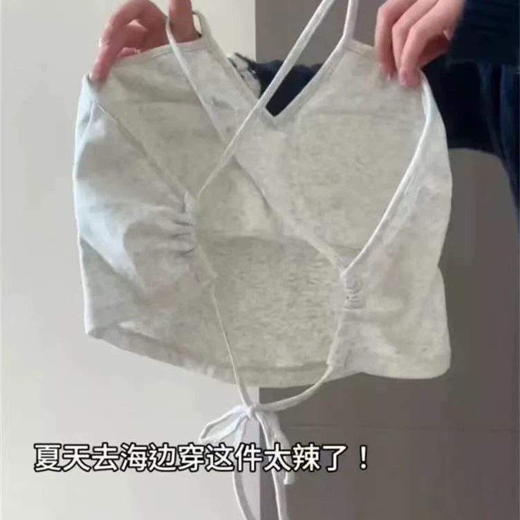 2025新款纯欲露背吊带背心带胸垫辣妹外穿绑带交叉美背文胸女夏