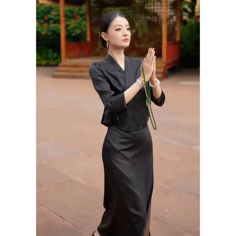 新中式国风穿搭一整套轻奢高级感名媛气质大方得体黑色盘扣套装秋