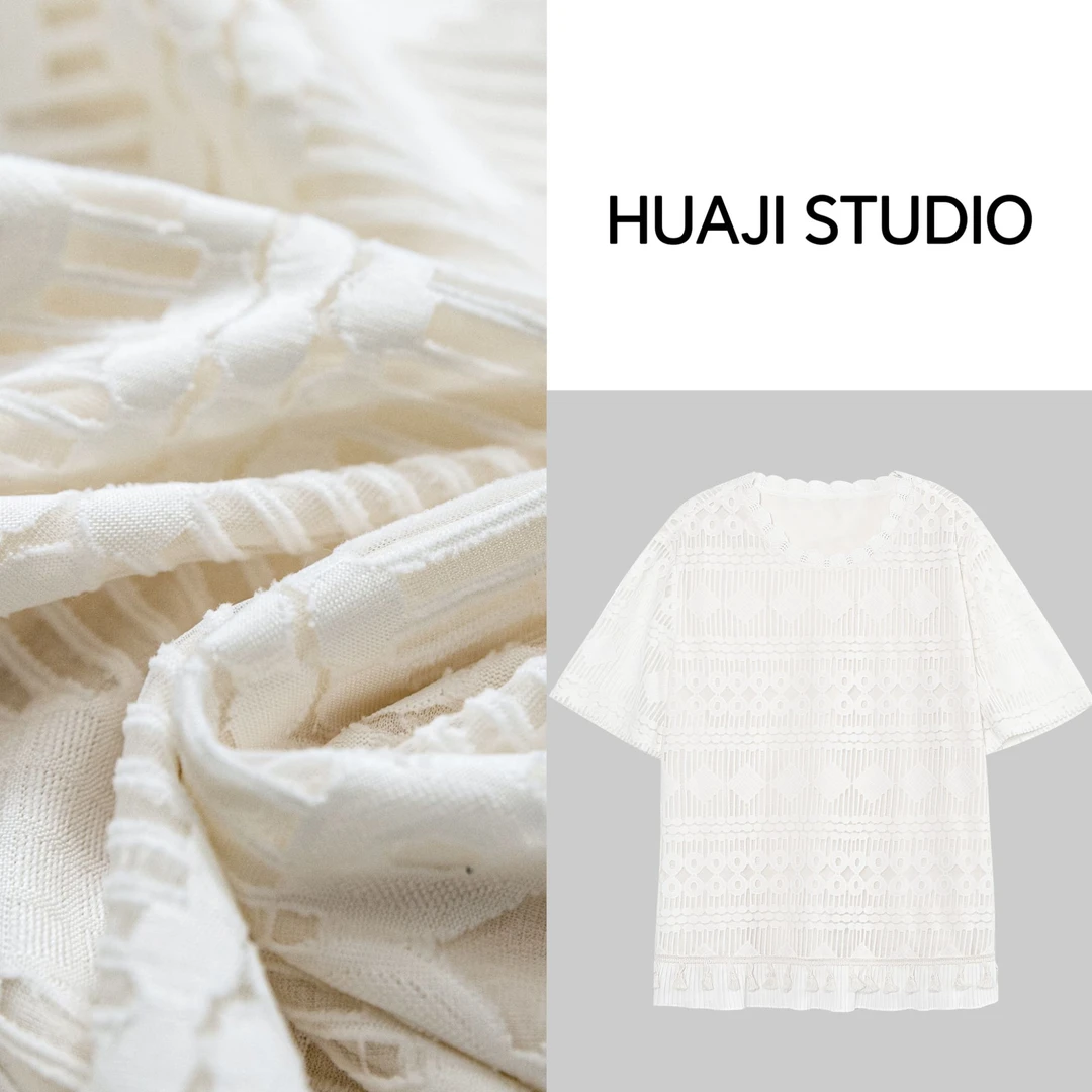 【镂空提花蕾丝短袖T恤】花己大码女装夏季显瘦时尚洋气上衣9023