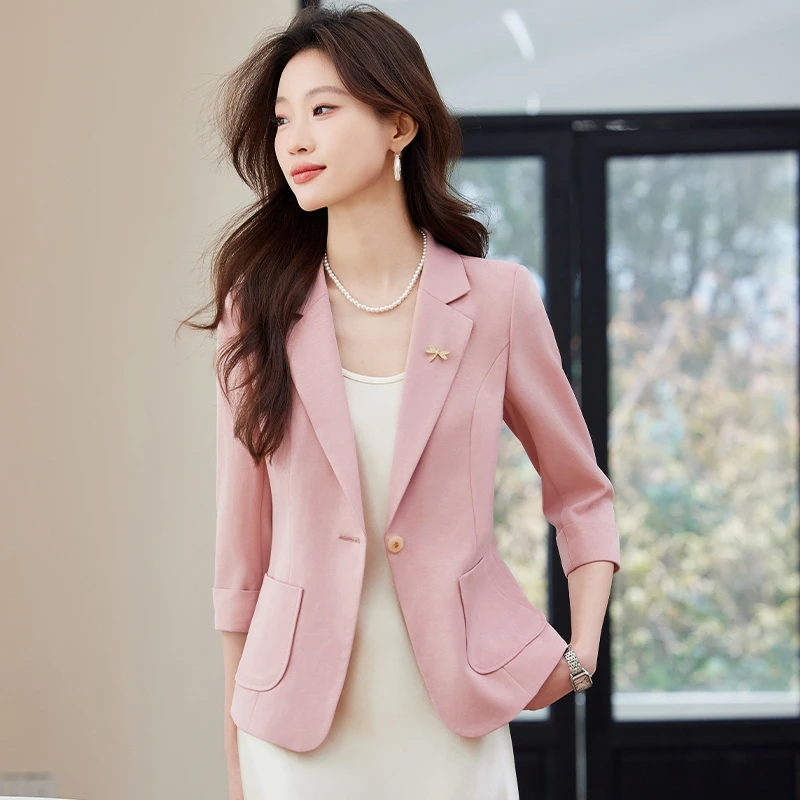 七分袖粉色西装外套女士2025新款夏季薄款气质小个子休闲短款西服