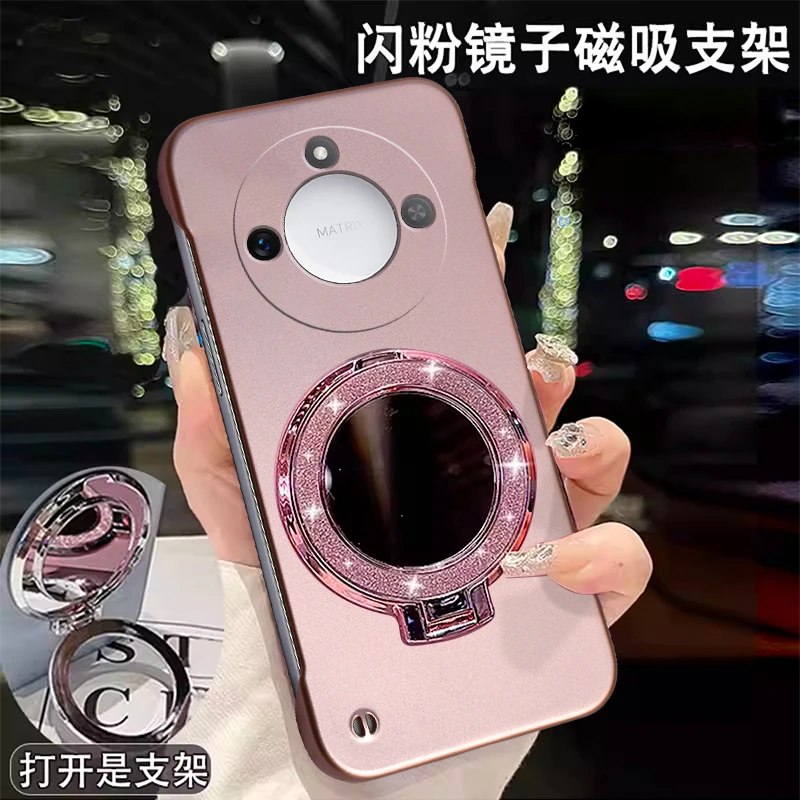 适用荣耀X60无边框x60pro手机壳超薄时尚磁吸散热闪粉镜子支架