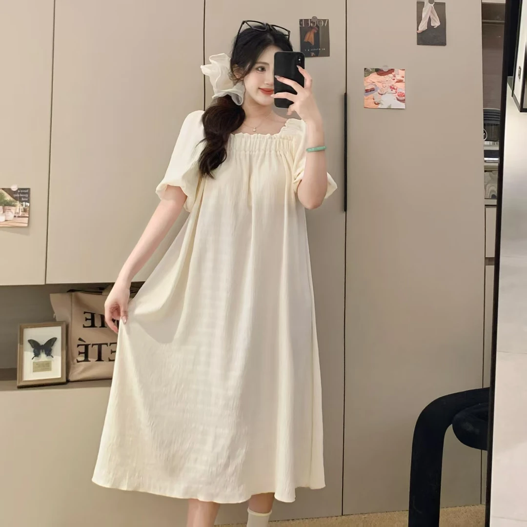 少女夏季新款睡裙泡泡袖带胸垫高级感宽松大码减龄中长款家居服