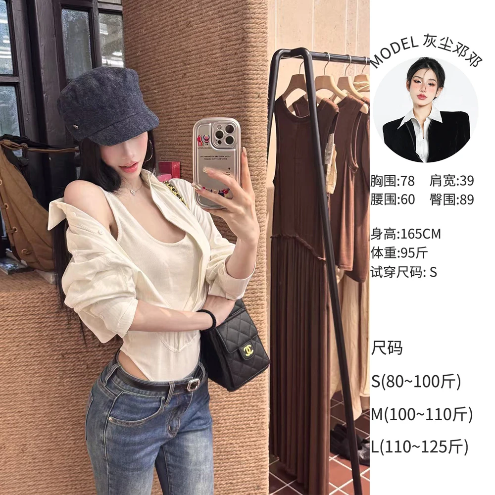 灰尘邓邓 【云漫白衫】拼接假两件polo领衬衫女早秋衬衣D25N2697