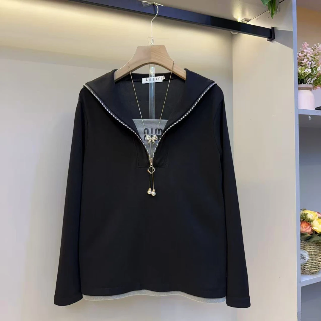 褶皱假两件T恤字母显瘦遮肉法式轻熟风2025女人衫