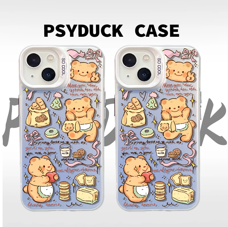 适用苹果华为一加小米面包黄油小熊彩银白底卡通动漫防摔手机壳