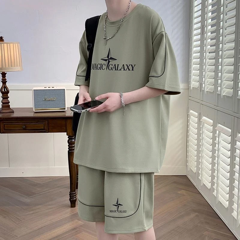 2025男士夏季套装时尚百搭休闲运动短袖短裤青少年宽松潮流两件套